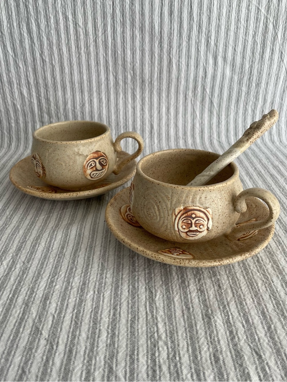 Vtg Studio Pottery Totem Face Cup Saucer Set Speckled Stoneware Handmade #788